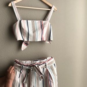 Forever 21 Striped Crop Top & Paperbag Pants Set